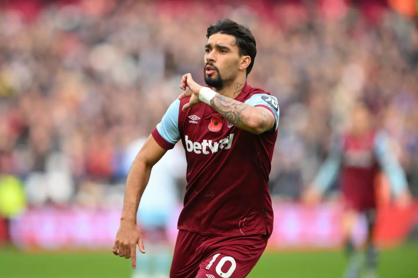 Lucas Paqueta celebrates after scoring for West Ham against Nottingham Forest (