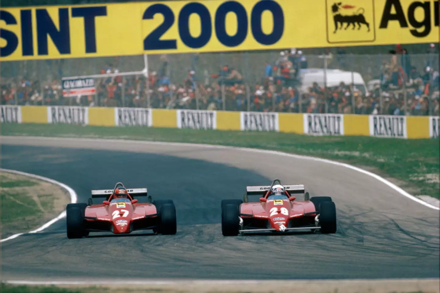 Ferrari team-mates Gilles Villeneuve (left) and Didier Pironi do battle at the 1982 San Marino Grand Prix (