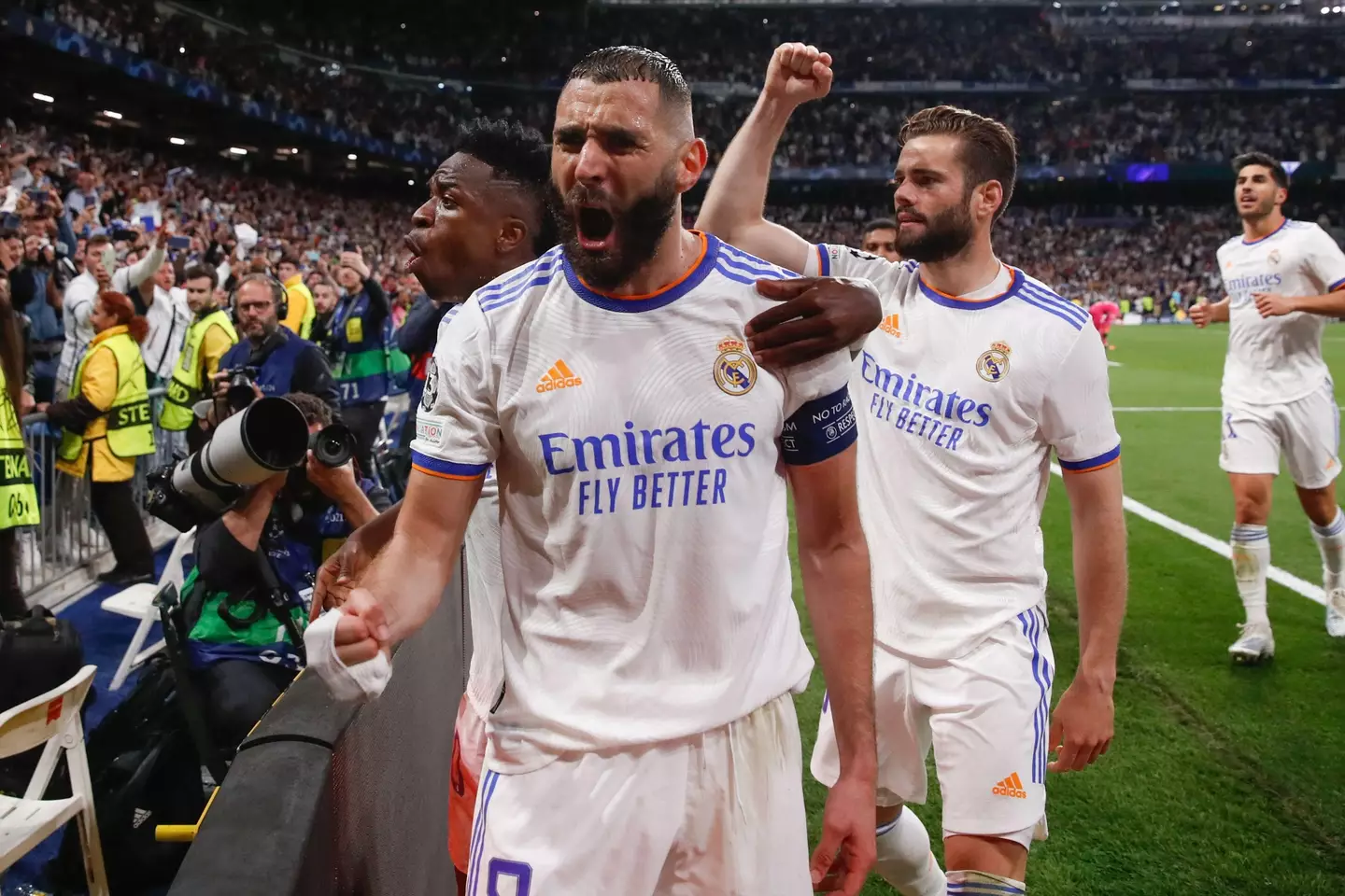 Benzema celebrates his penalty. Image: PA Images