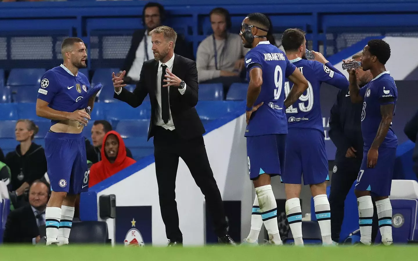 Graham Potter manager of Chelsea talks with Mateo Kovacic of Chelsea during the UEFA Champions League match at Stamford Bridge. (Alamy)