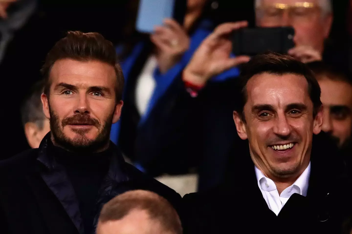 David Beckham with Gary Neville. Image: Chris Brunskill Ltd / Contributor via Getty