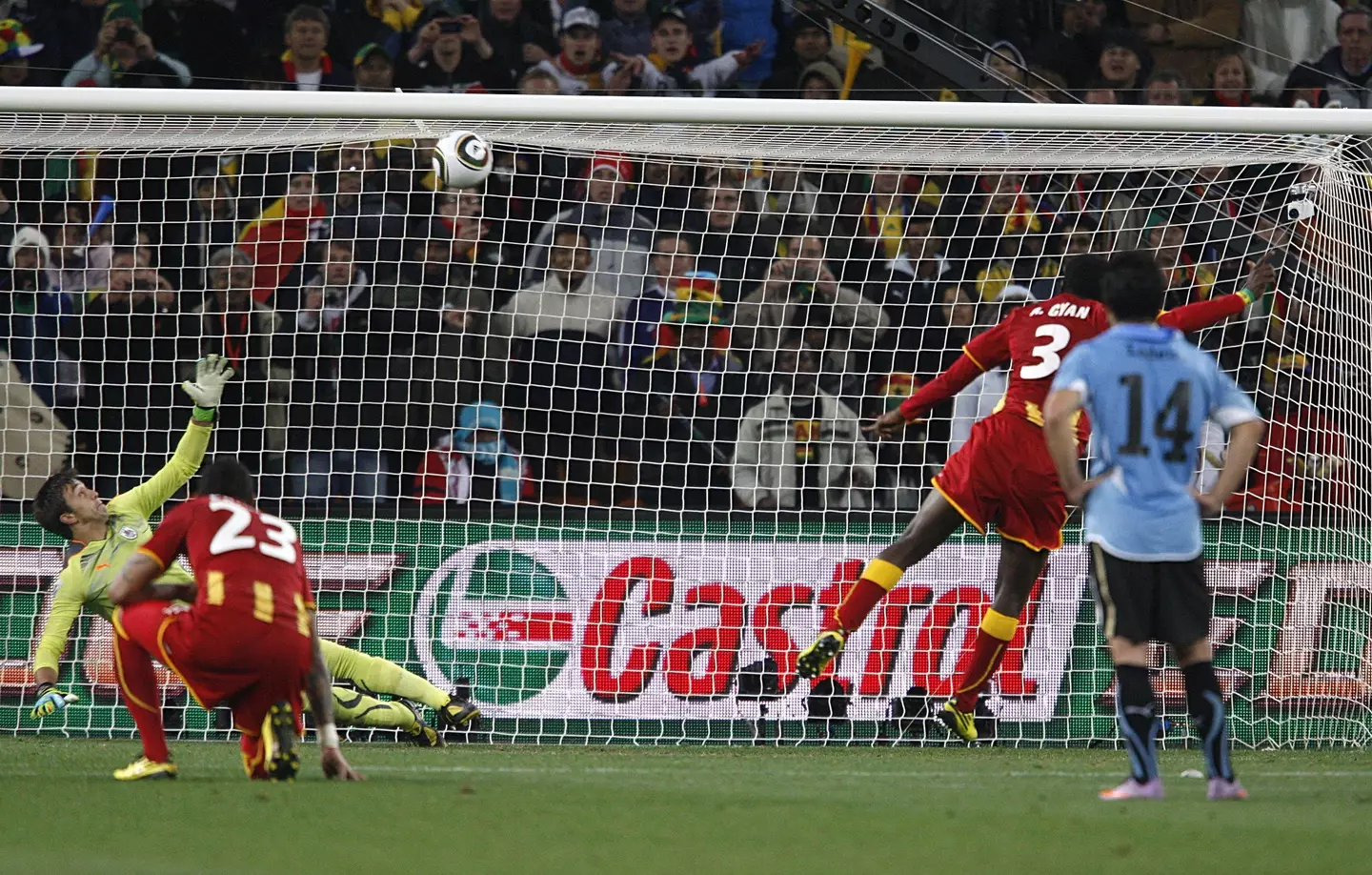 Gyan's penalty thumps against the bar. Image: PA Images