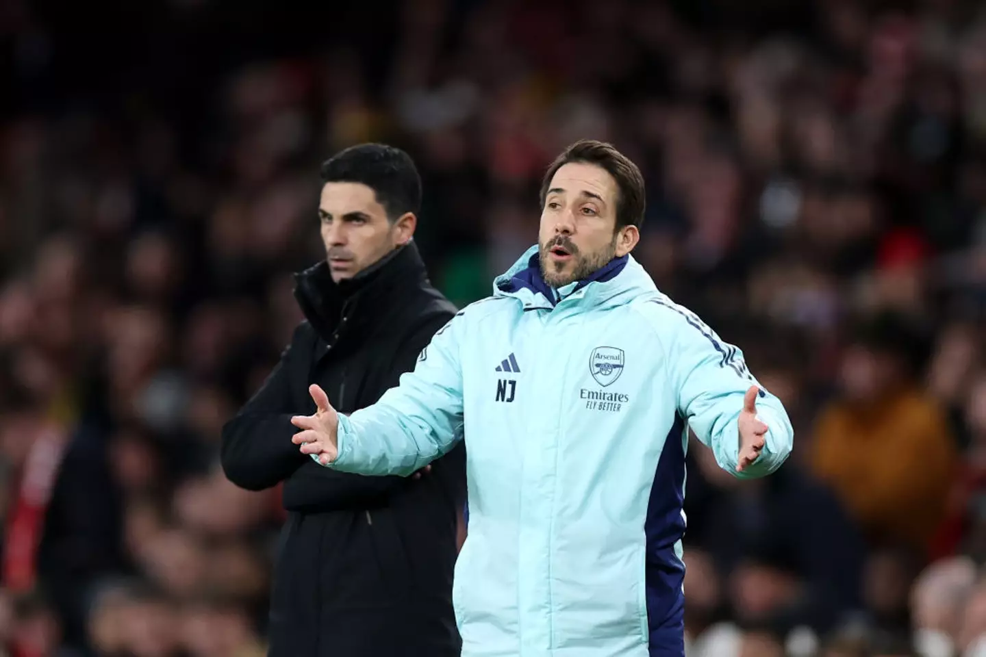 Arsenal set piece coach Nicolas Jover directs proceedings from the touchline (Image: Getty)