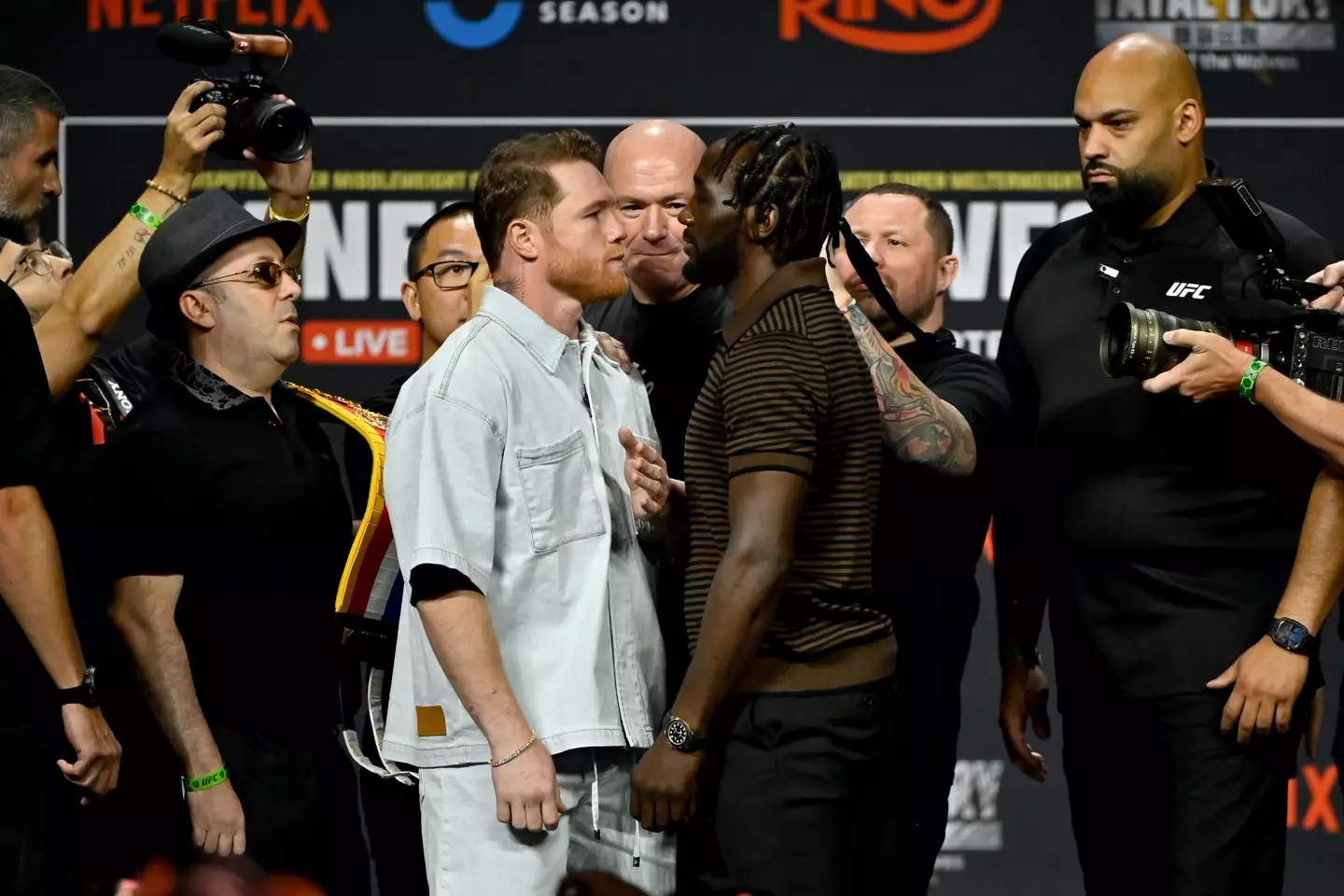 Canelo Alvarez and Terence Crawford face off ahead of their super-middleweight clash. Image: Getty