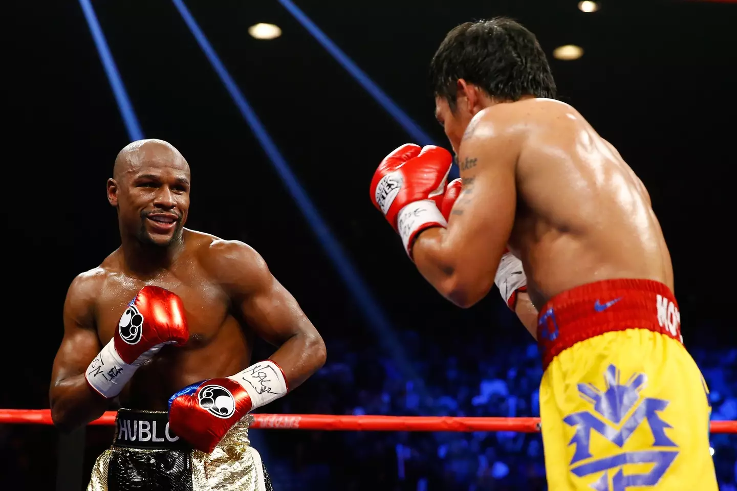 Floyd Mayweather and Manny Pacquiao during their 2015 super-fight. Image: Getty