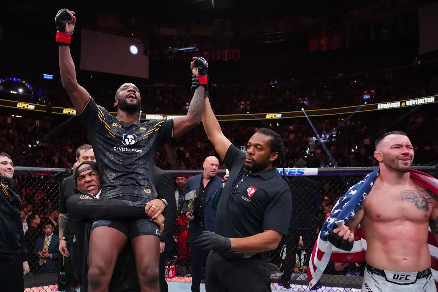 Leon Edwards celebrates his victory over Colby Covington. Image: Getty