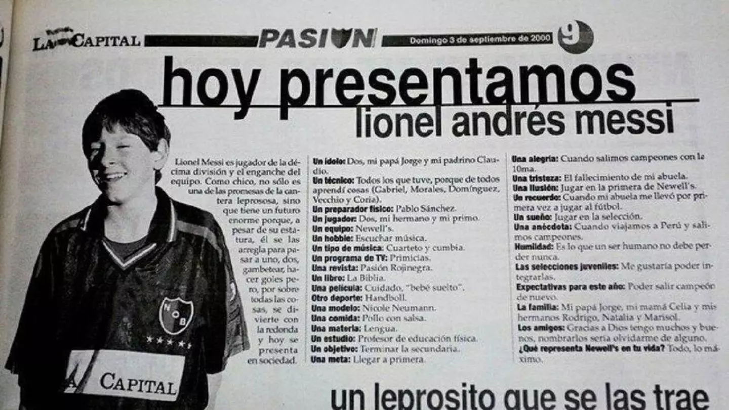 A newspaper clipping of Rosario-based newspaper Diario La Capital's interview with a 13-year-old Lionel Messi.