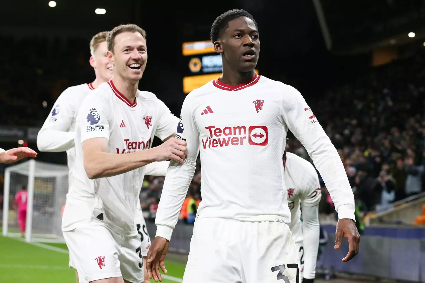 Kobbie Mainoo celebrates his goal against Wolves. Image: Getty