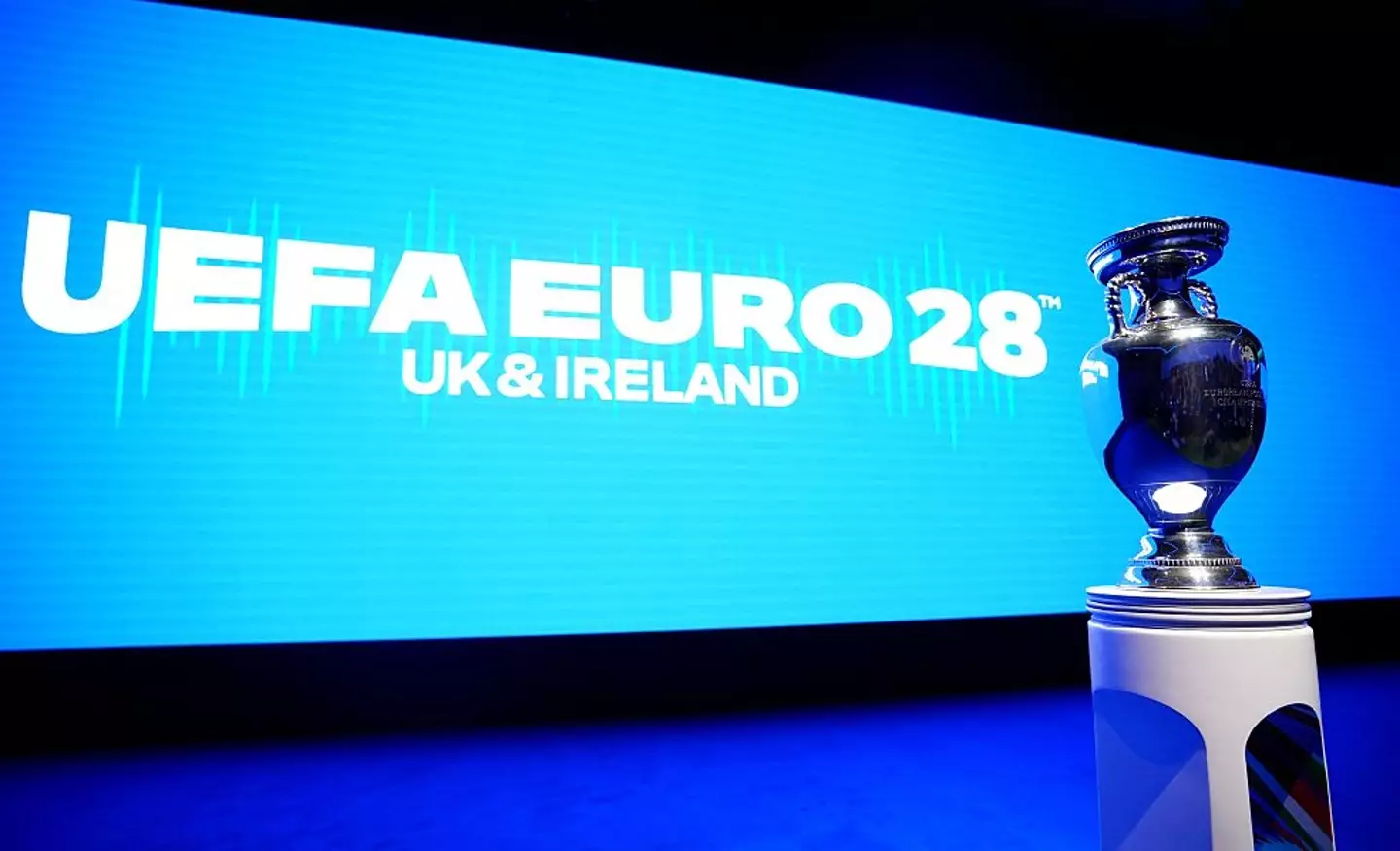 The Euro 2028 trophy was shown off in London on November 12. (Image: JAMES MANNING/POOL/AFP via Getty Images)