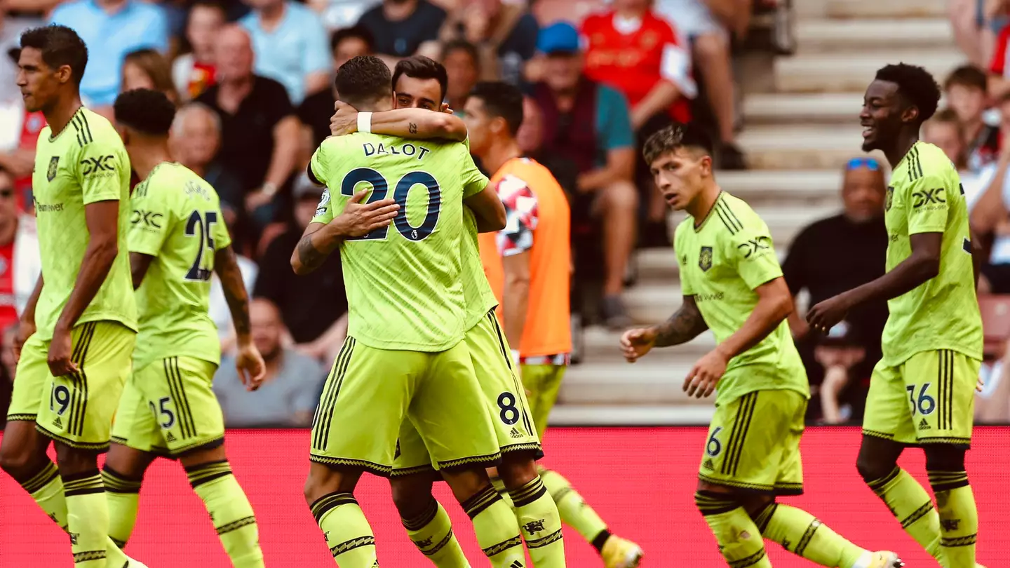 Bruno Fernandes and Diogo Dalot celebrate scoring against Southampton. (Man Utd)