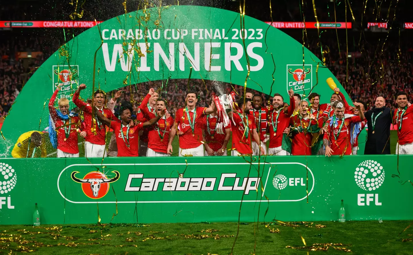 Manchester United players celebrate winning the Carabao Cup. Image: Alamy