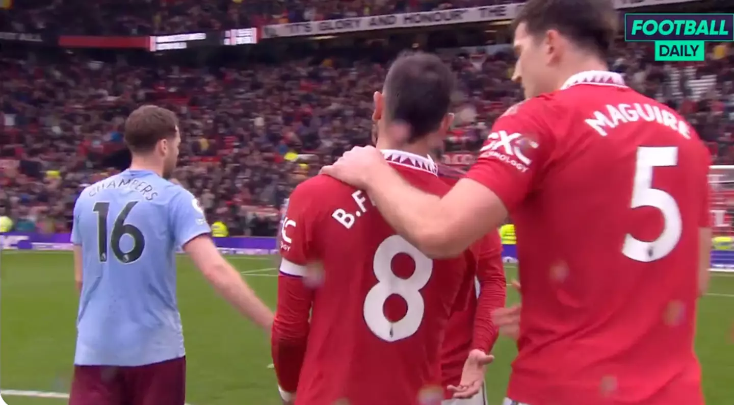 Fernandes was still wearing the armband at full time, despite Maguire being on. Image: Sky Sports/Football Daily