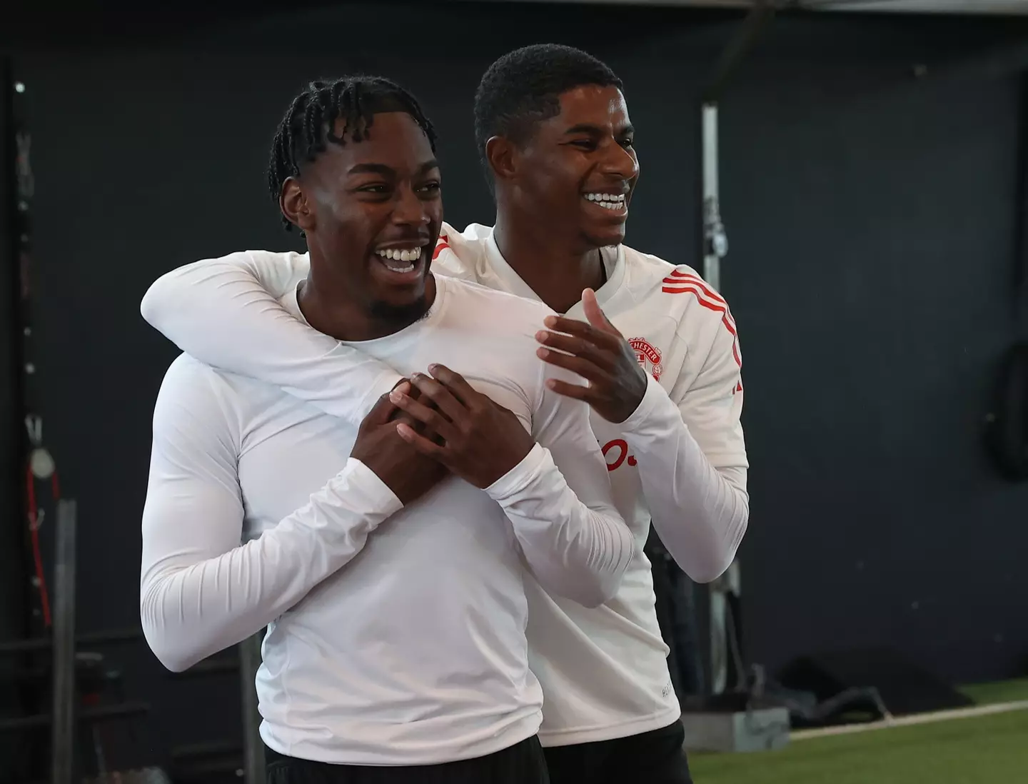 Anthony Elanga and Marcus Rashford during training. Image: Getty