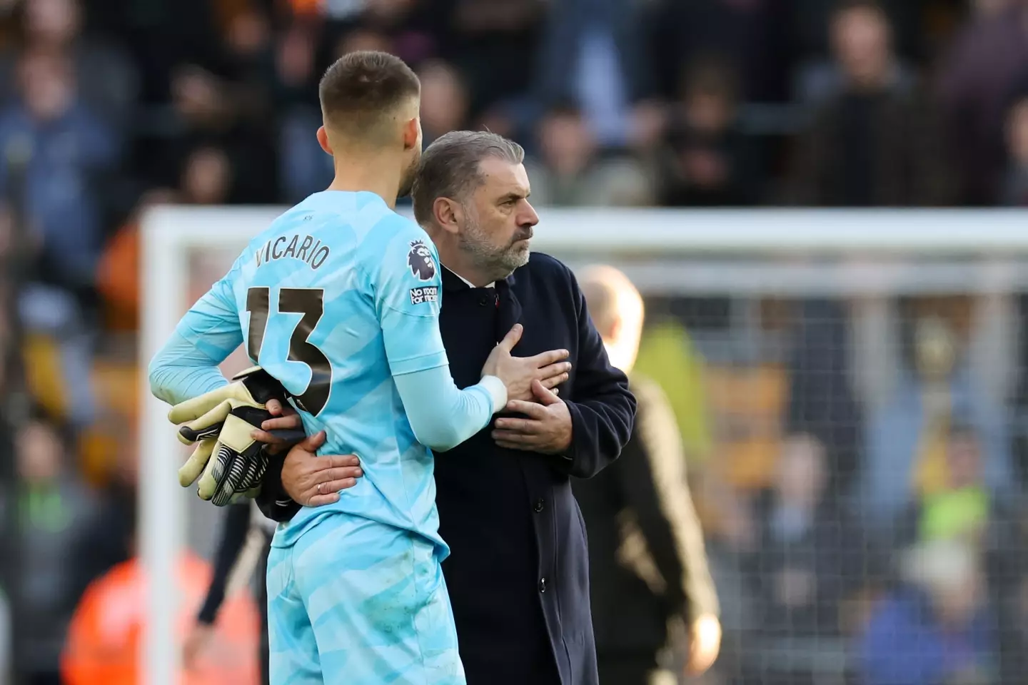 Postecoglou and Spurs goalkeeper Guglielmo Vicario after the defeat to Wolverhampton Wanderers. (Image