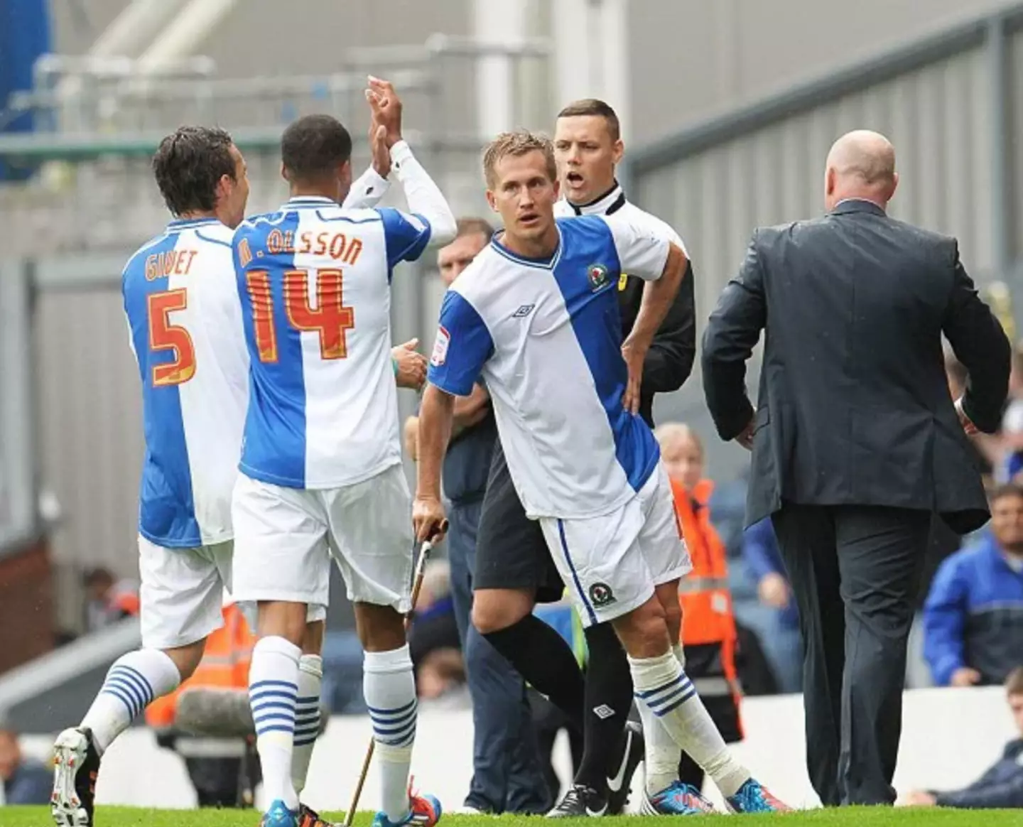Pedersen celebrates with a walking stick after scoring against Leicester.
