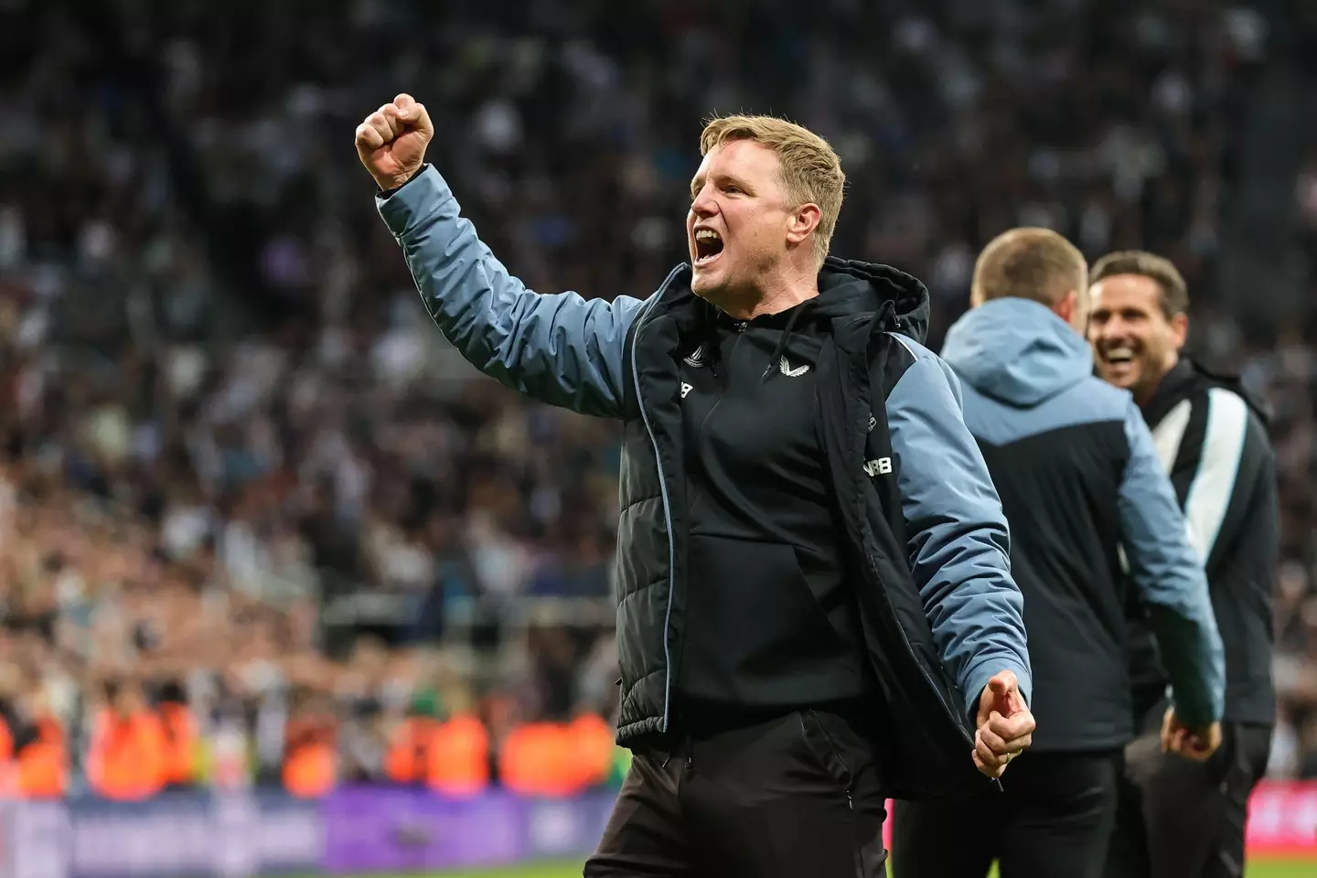 Eddie Howe celebrates leading Newcastle back into the Champions League. Image: Alamy