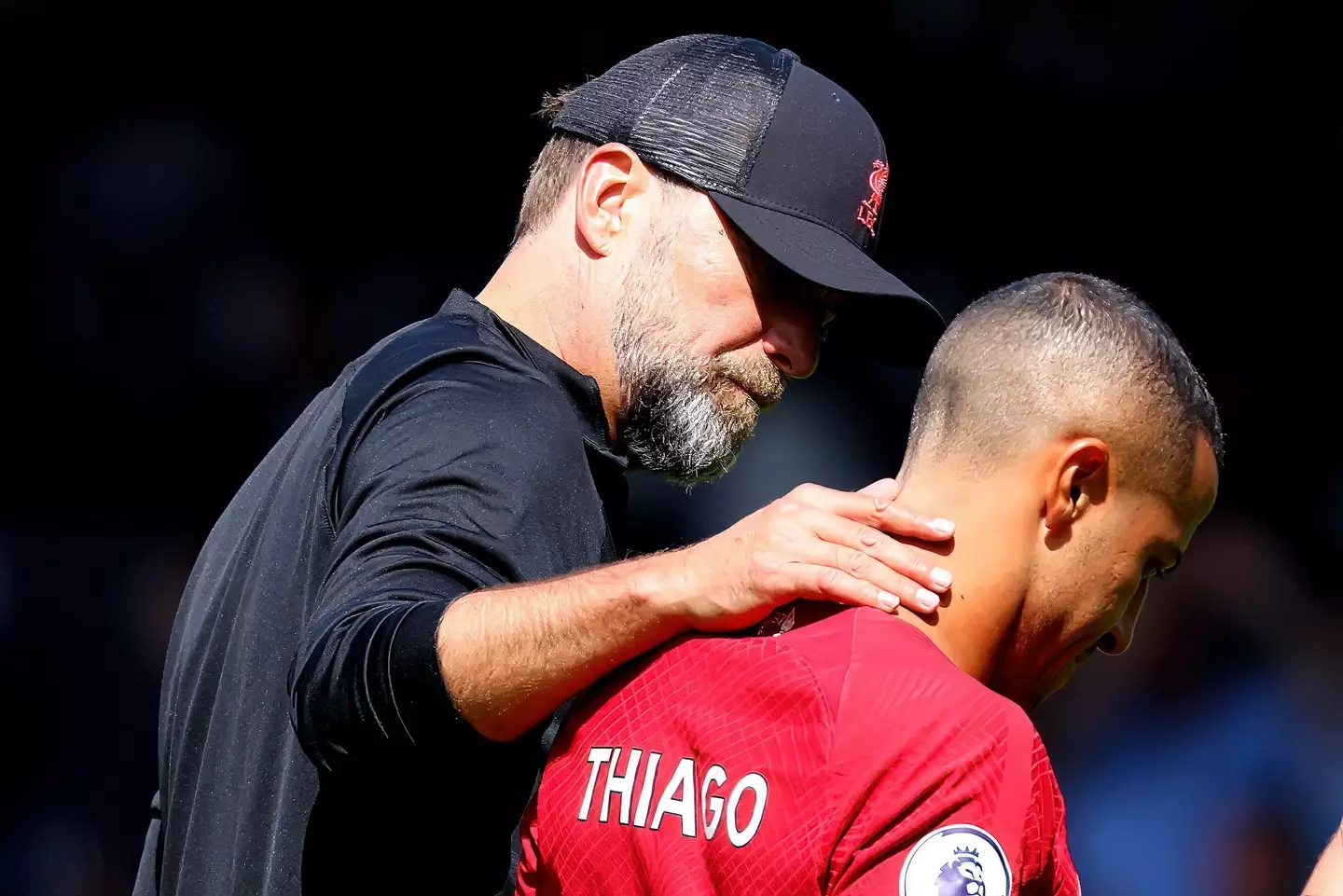 Klopp and Thiago during Saturday's clash with Fulham. (Image