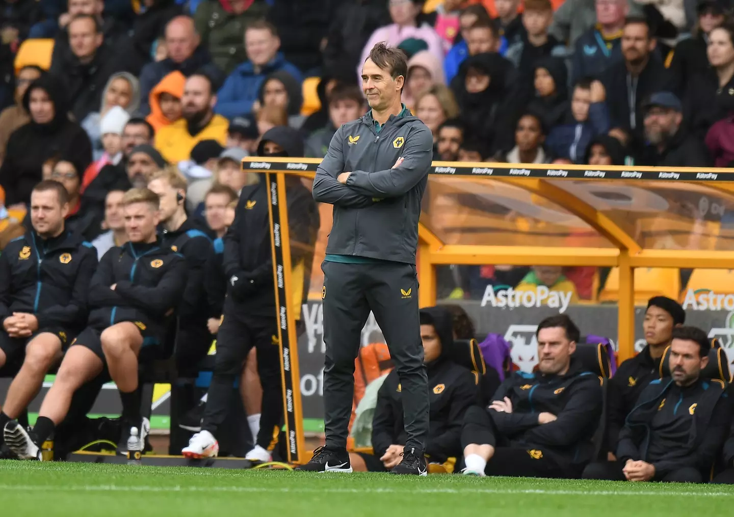 Julen Lopetegui in the dugout at Molineux. Image: Getty