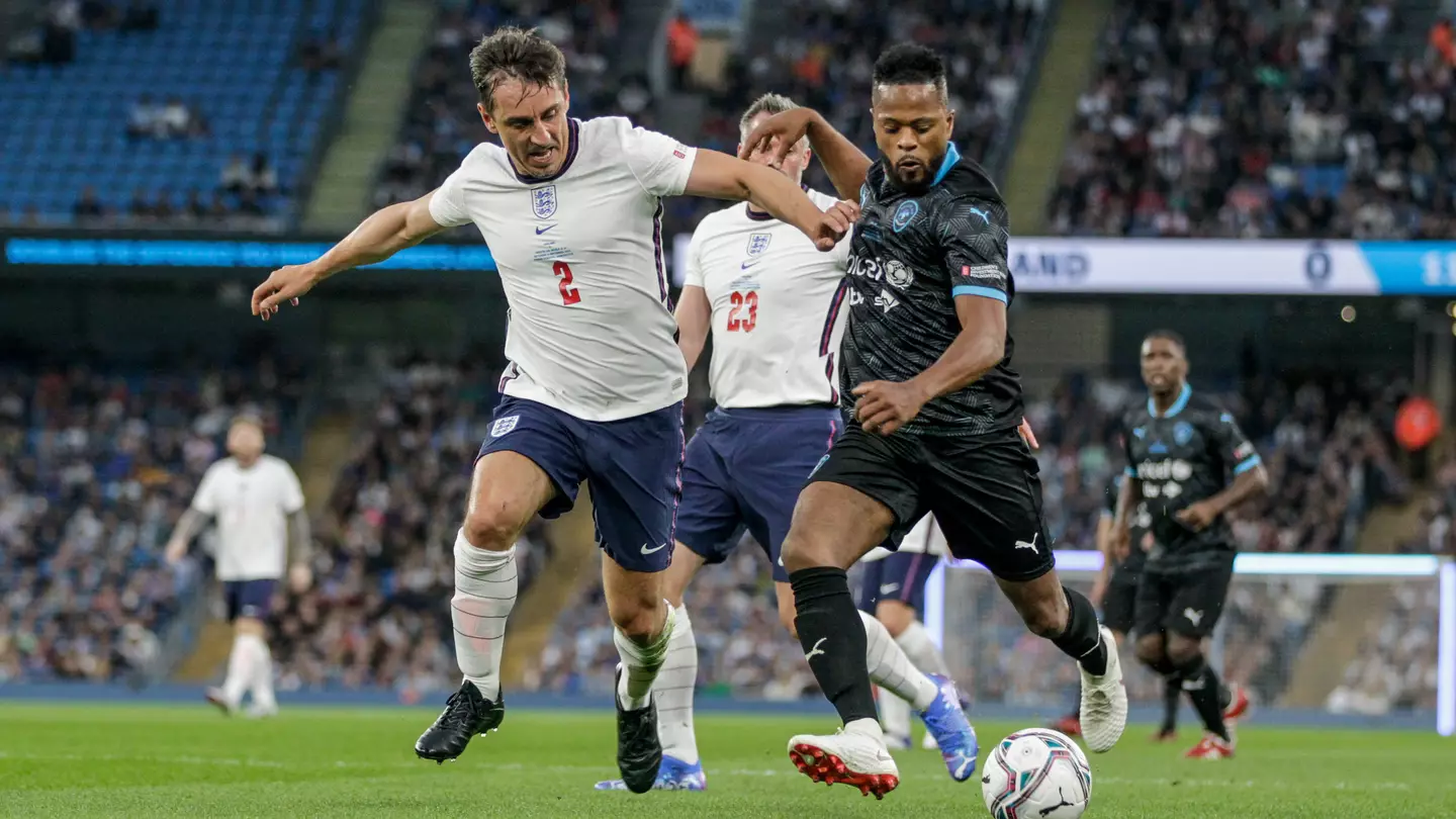 Gary Neville and Patrice Evra battling it out at last year's Soccer Aid. 
