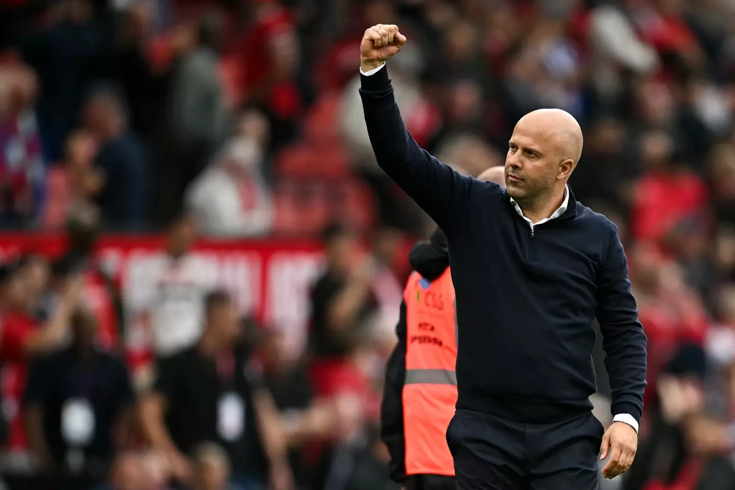 Arne Slot celebrates Liverpool's win at Manchester United. Image: Getty