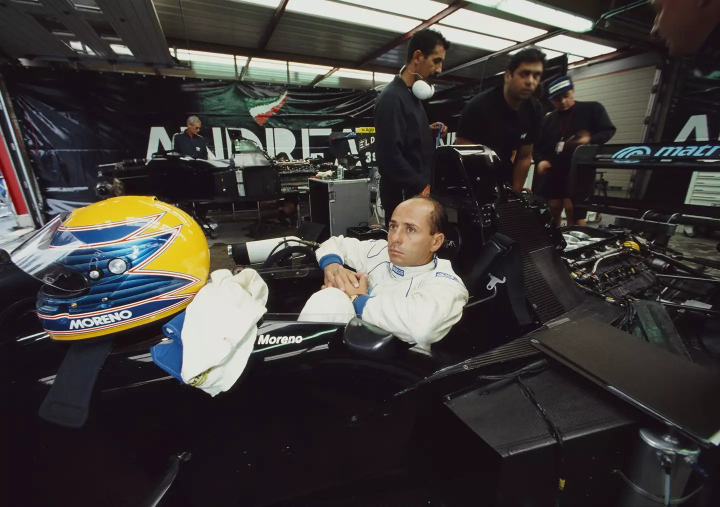Andrea Moda driver Roberto Moreno at the Belgian Grand Prix (Photo by Pascal Rondeau/Getty Images)