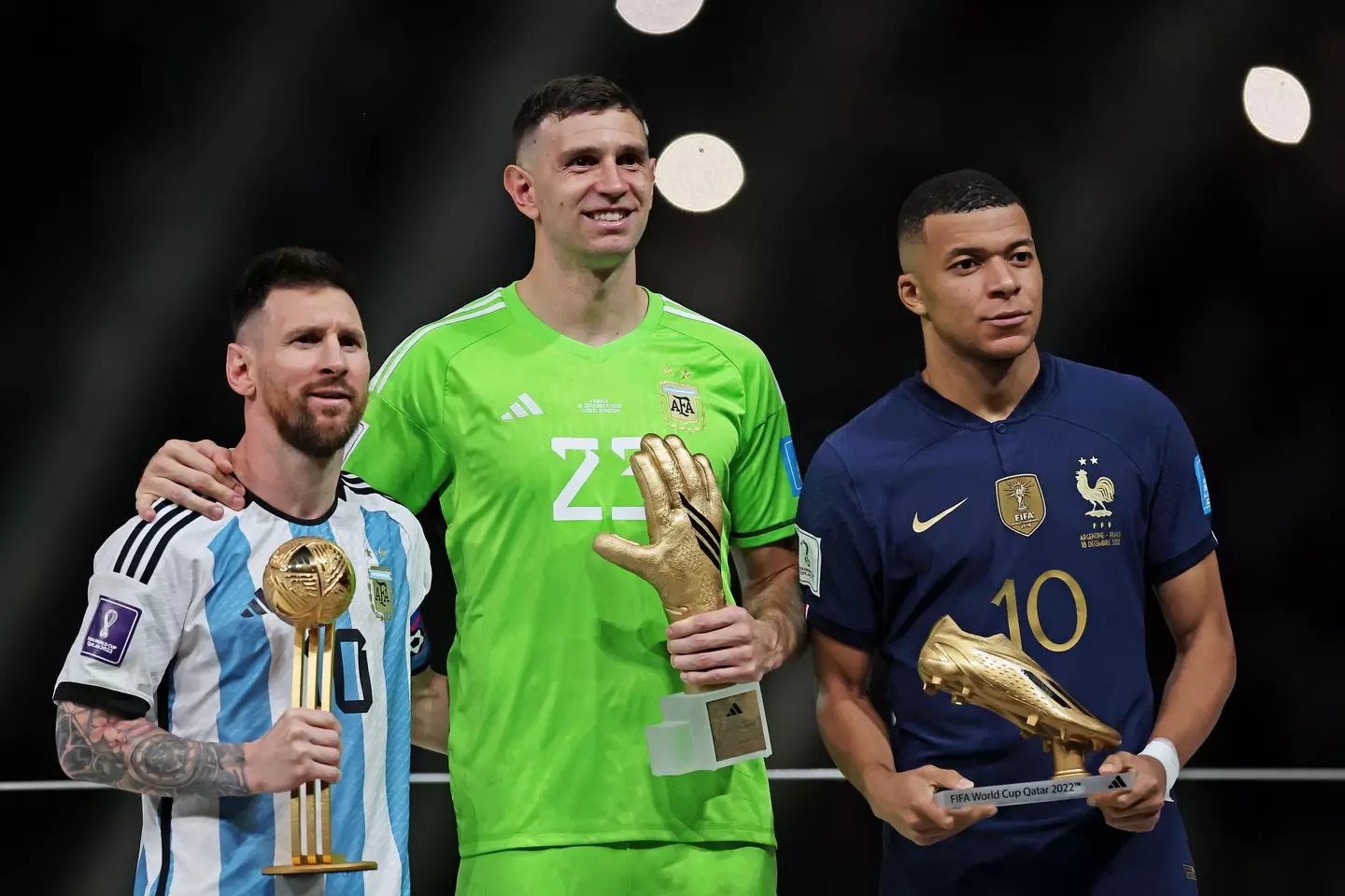 Messi, Martinez and Mbappe after winning the Golden Ball, Golden Glove and Golden Boot. (Image