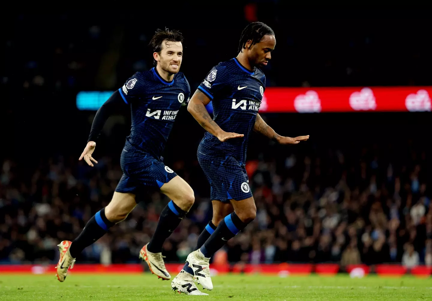 Ben Chilwell and Raheem Sterling celebrate a Chelsea goal. Image: Getty