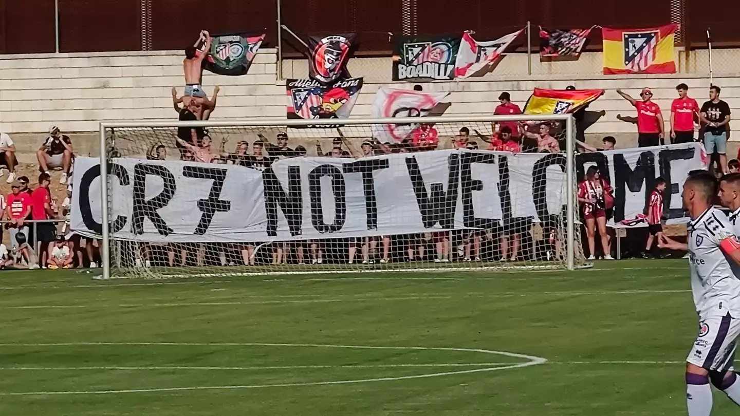Atletico Madrid fans produced a "CR7 NOT WELCOME" sign at a pre-season friendly on Wednesday. (Twitter: JaviGomezCh)