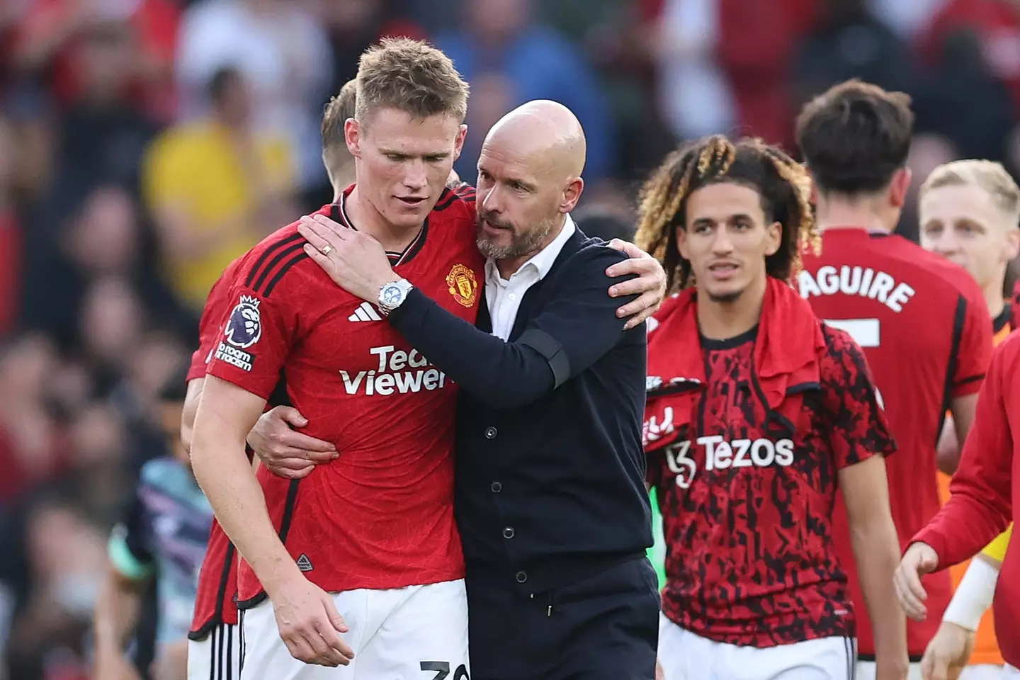 Scott McTominay and Erik ten Hag embrace following Manchester United's victory over Brentford. Image: Getty 