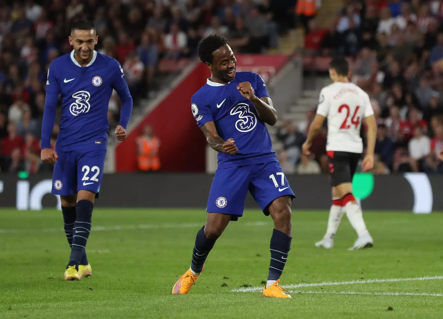 Raheem Sterling celebrates Chelsea's opener vs Southampton. (Alamy)