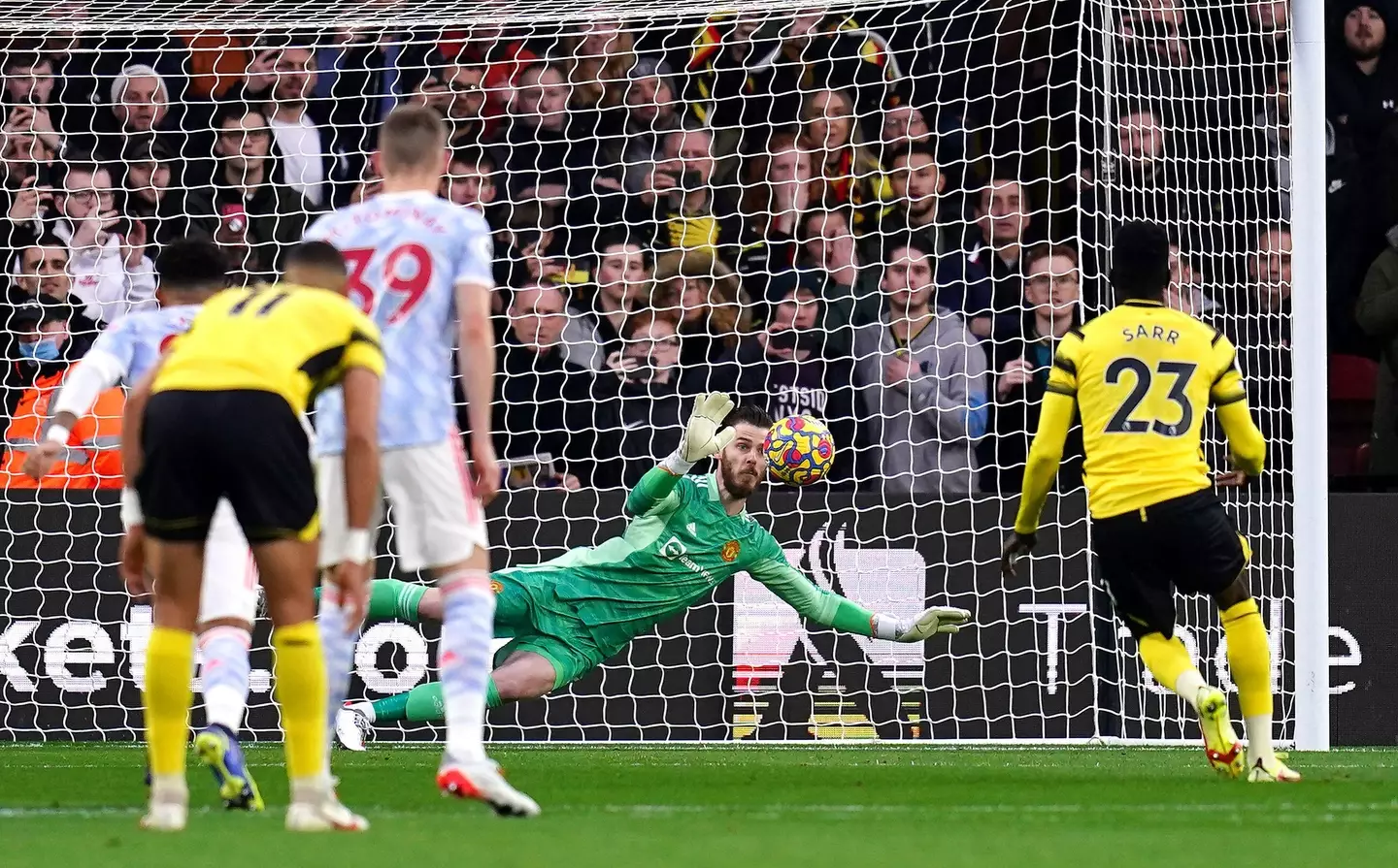 David de Gea saves a penalty against Ismaila Sarr during Ole Gunnar Solskjaer's final game as Manchester United manager. (Alamy)