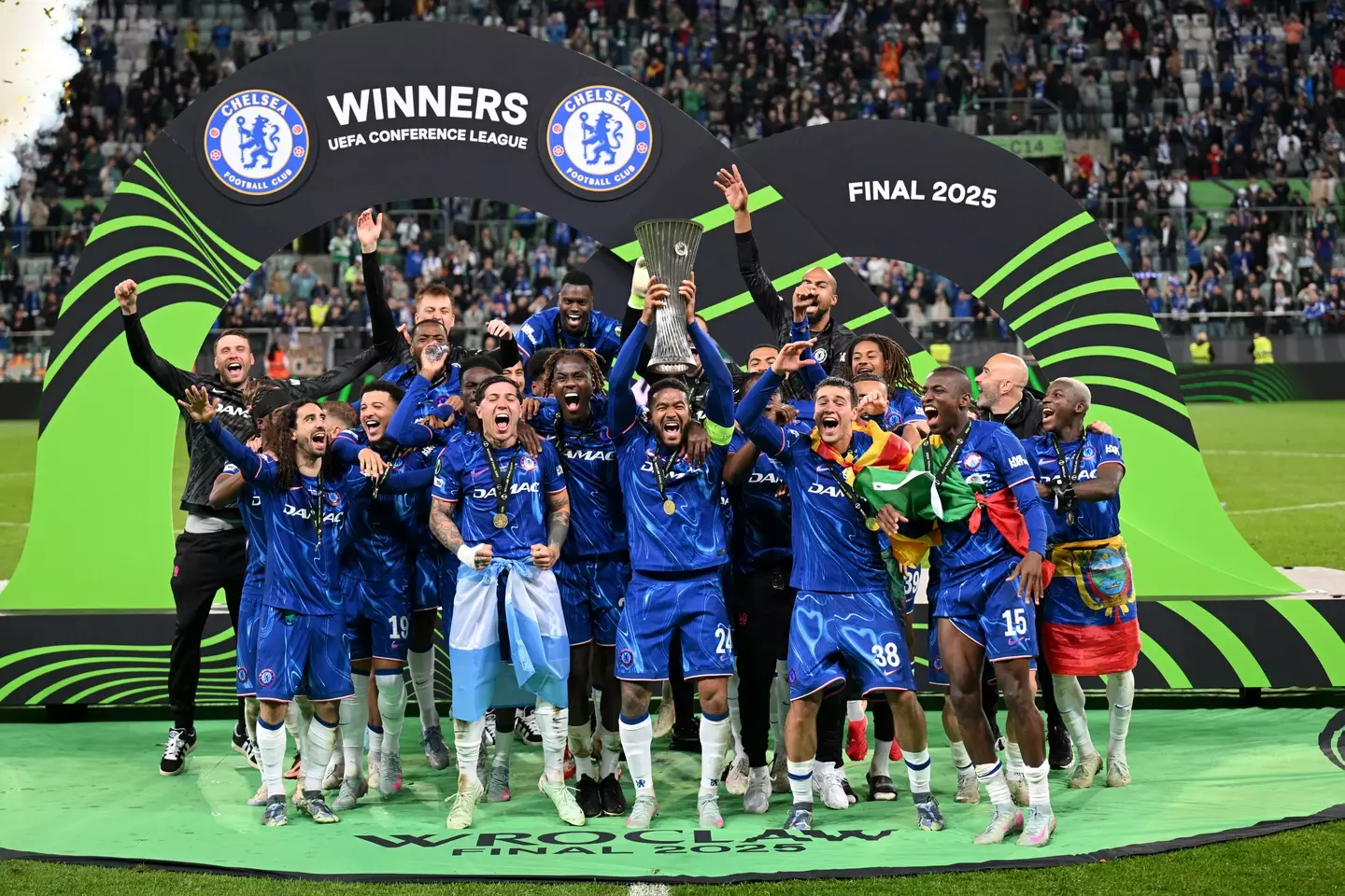 Chelsea lift the Conference League trophy after a 4-1 win over Real Betis. Image credit: Getty