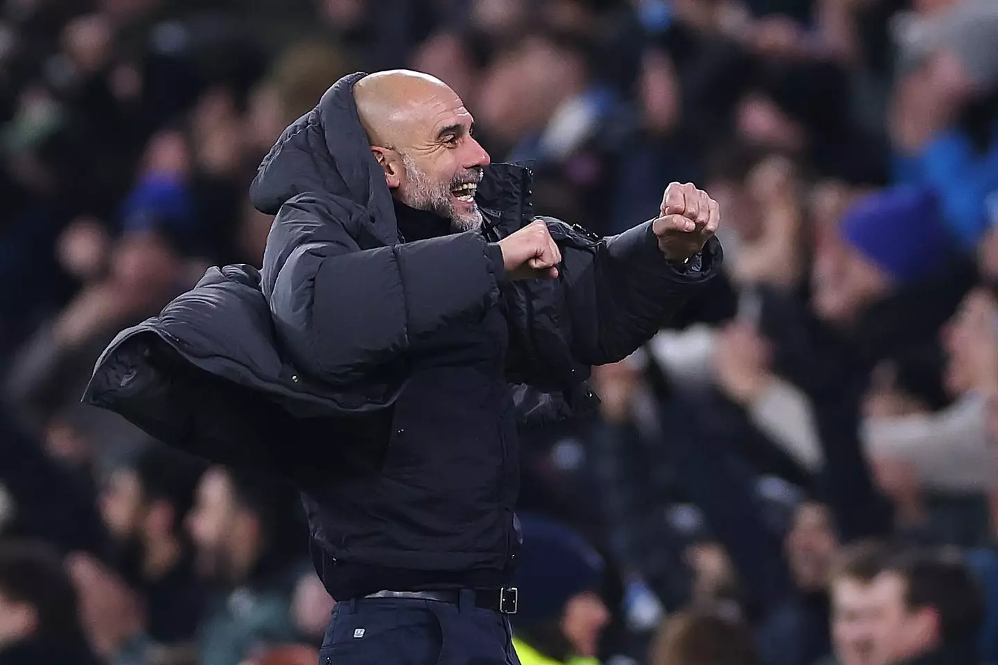 Pep Guardiola celebrates during Man City's Carabao Cup semi-final second leg win over Newcastle (Image: Getty)