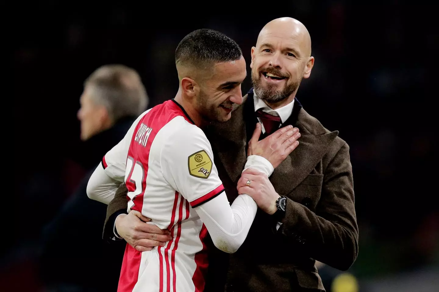 Hakim Ziyech and Erik ten Hag share an embrace. Image: Getty