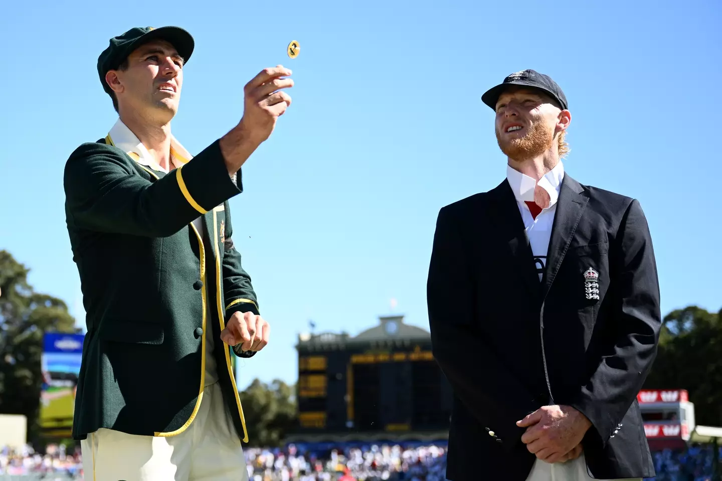 Pat Cummins and Ben Stokes during the coin toss for the Test Ashes test. Image: Getty