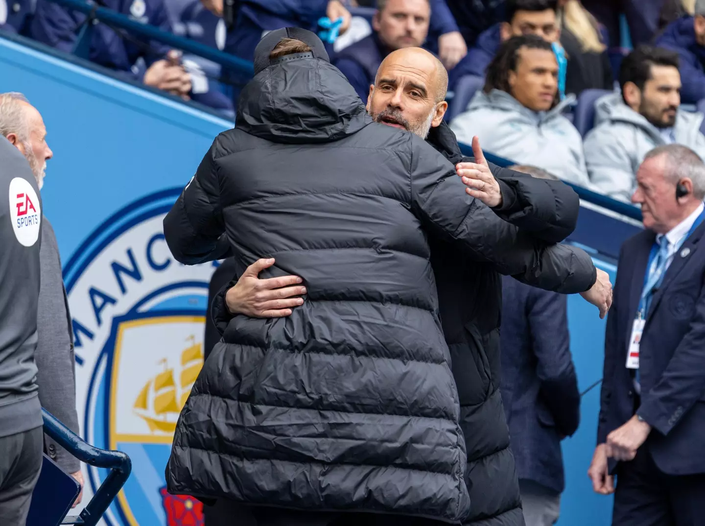Pep Guardiola greets Jurgen Klopp. Xinhua / Alamy
