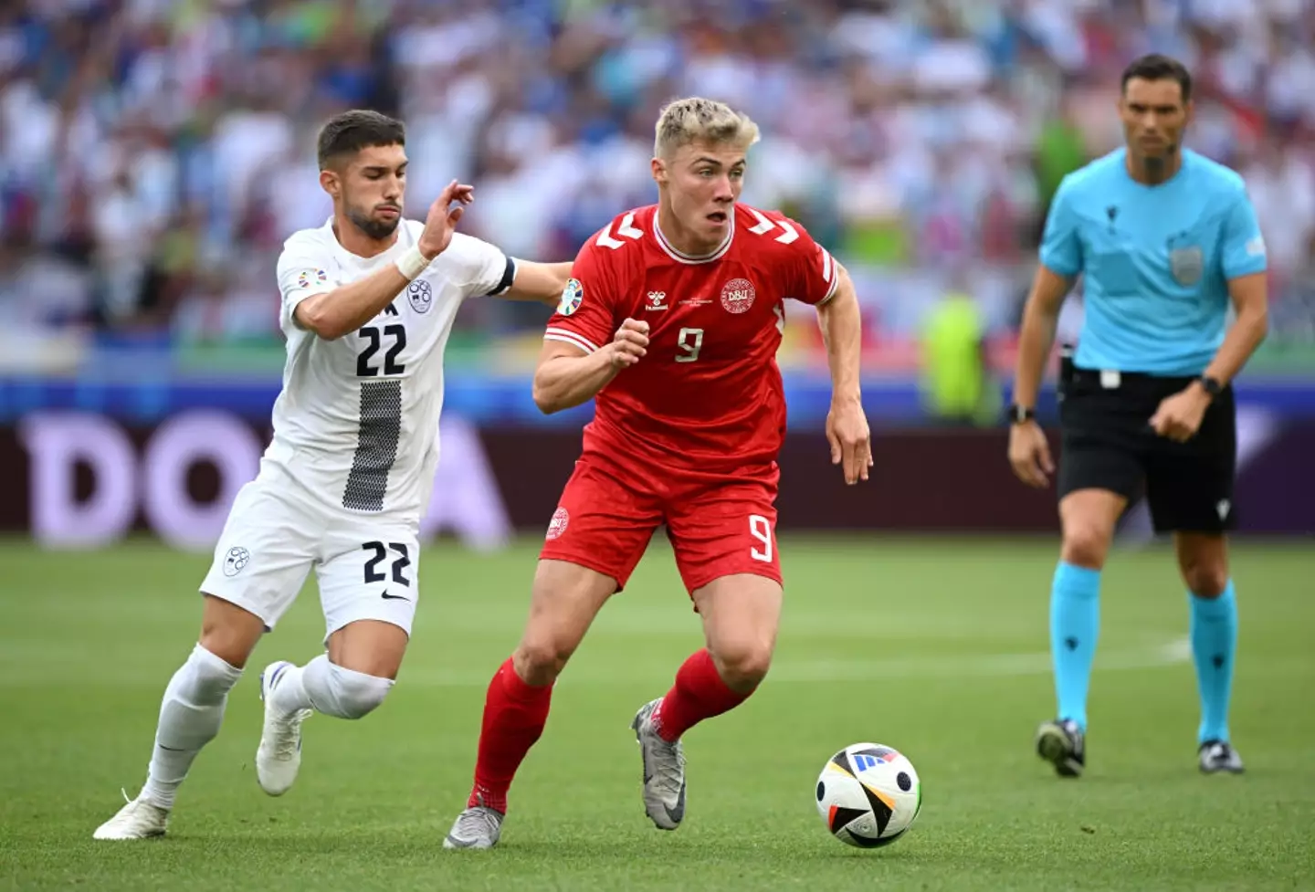 Rasmus Hojlund started for Denmark in their opening Euro 2024 fixture against Slovenia (Image: Getty)