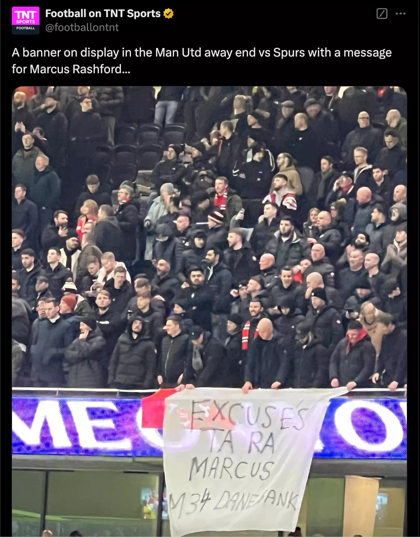 An 'anti-Marcus Rashford' banner has been unveiled by Man Utd fans against Tottenham (Image: Twitter)