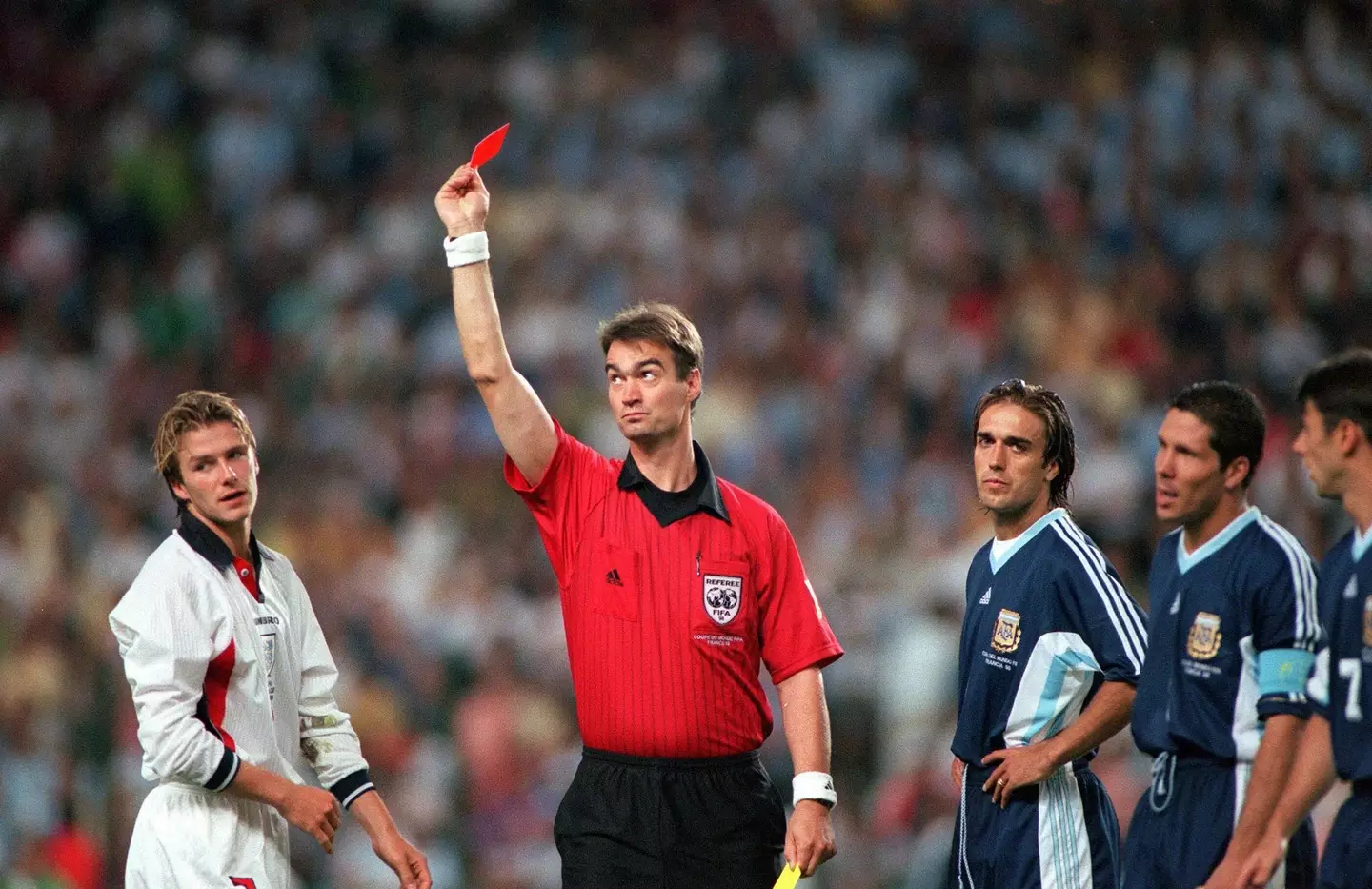 Beckham receives his marching orders. Image: Getty