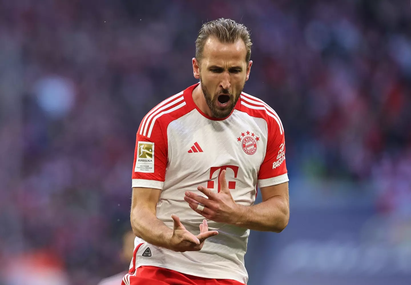 Harry Kane celebrates scoring a goal for Bayern Munich. Image: Getty 