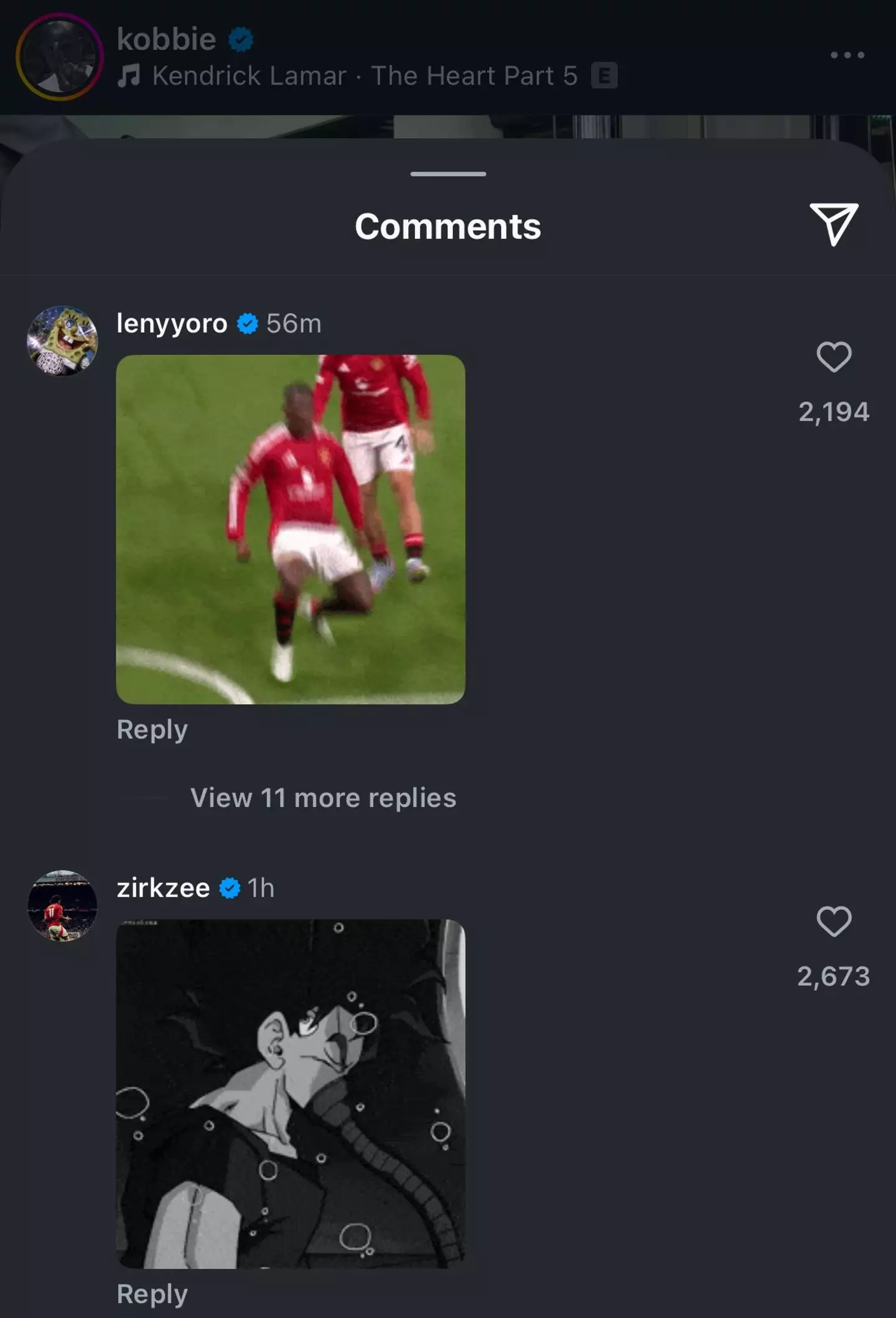 Leny Yoro and Joshua Zirkzee left comments on Kobbie Mainoo's social media. Image: Instagram/Kobbie Mainoo
