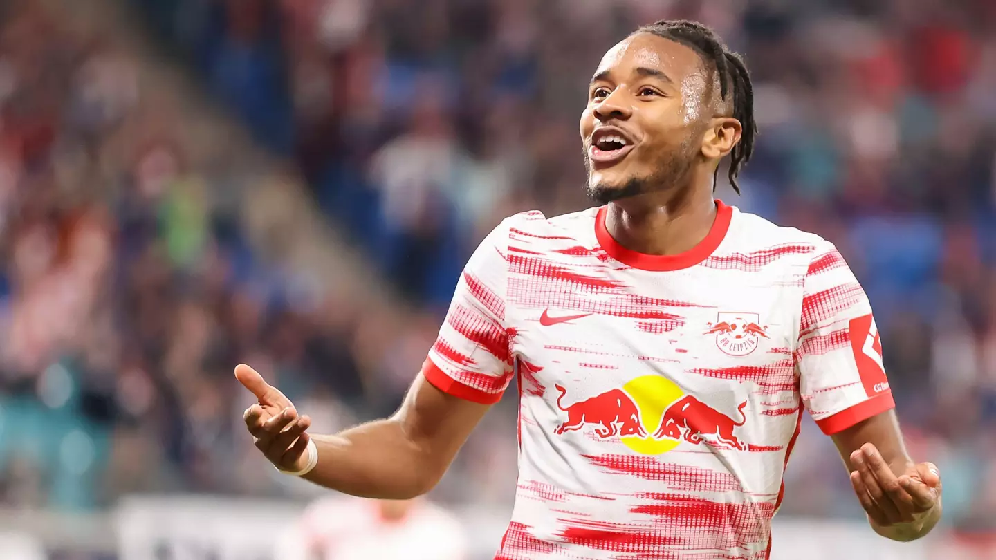 Leipzig's Christopher Nkunku celebrates after scoring. (Alamy)