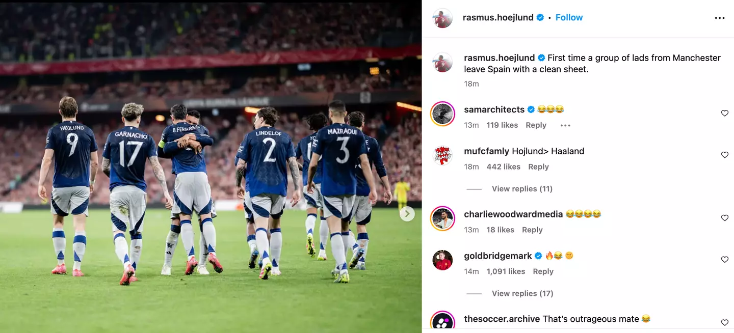 Rasmus Hojlund produced a shocking caption on his official Instagram. Image: Instagram/@rasmus.hoejlund