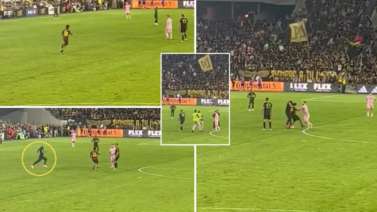 Lionel Messi's bodyguard sprints onto the pitch and puts pitch invader in headlock