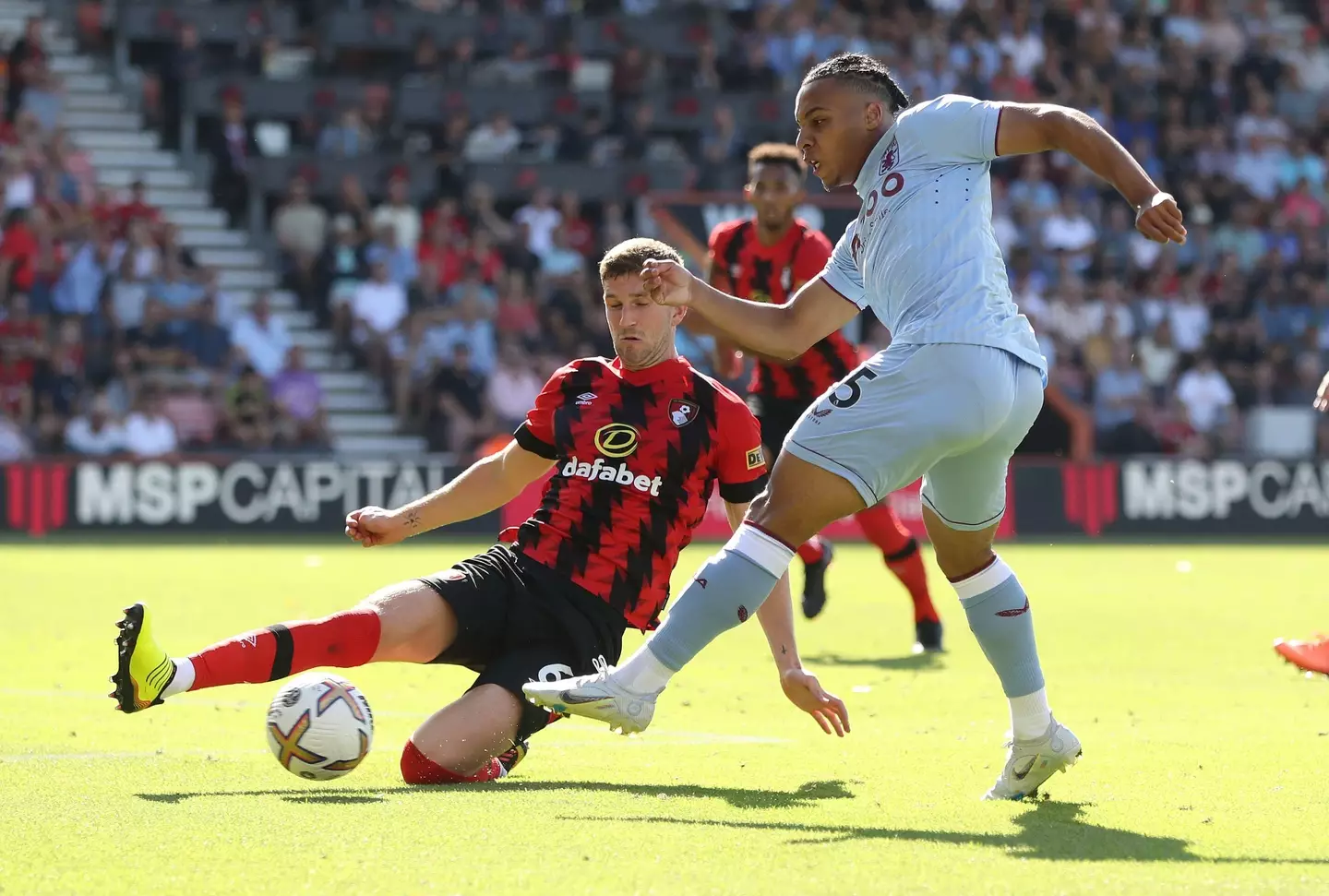 Cameron Archer of Aston Villa has his shot blocked by Chris Mepham of Bournemouth during the Premier League match at the Vitality Stadium. (Sportimage / Alamy)