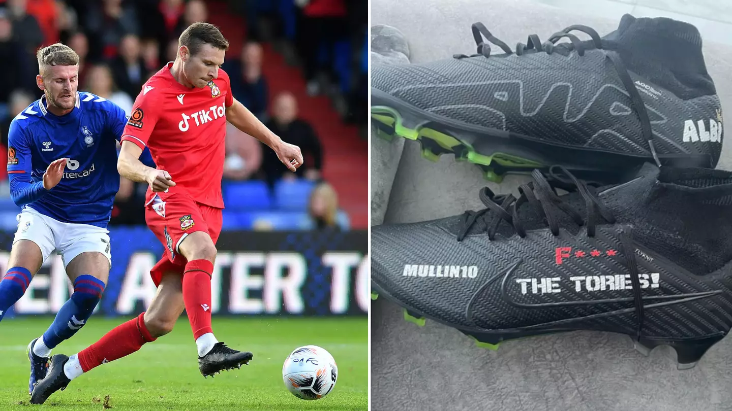 Wrexham Paul Mullin has 'F*** the Tories' printed on the side of his boots