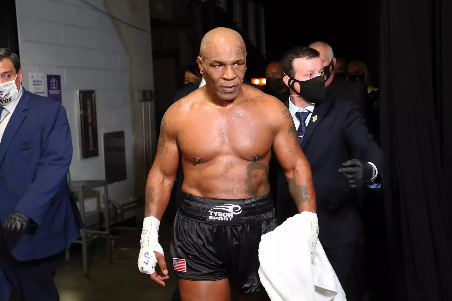 Mike Tyson in black shorts for his exhibition against Roy Jones Jr. Image: Getty