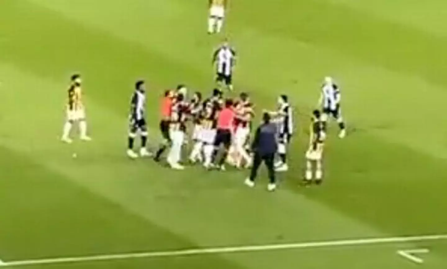 A fight between the two clubs breaks out after Clark's punch.