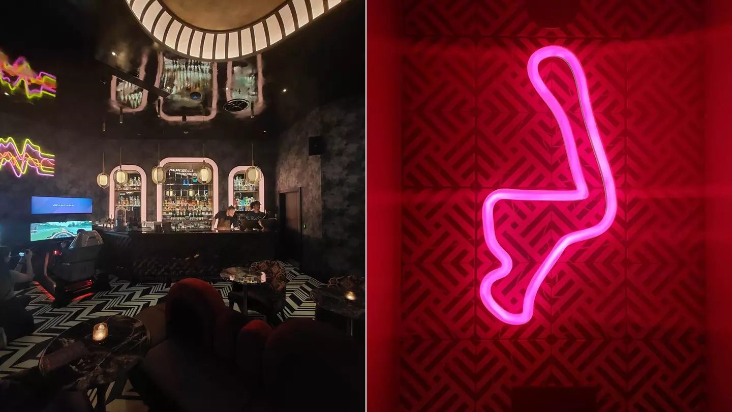 The bar (left) has plenty of little F1 details on the walls and floor and even the toilet (right) has a neon light of a track on the wall. Image: F1 Arcade
