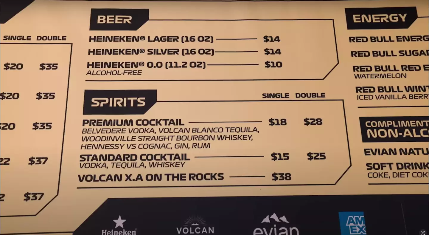 Drinks prices at the Las Vegas Grand Prix. Image